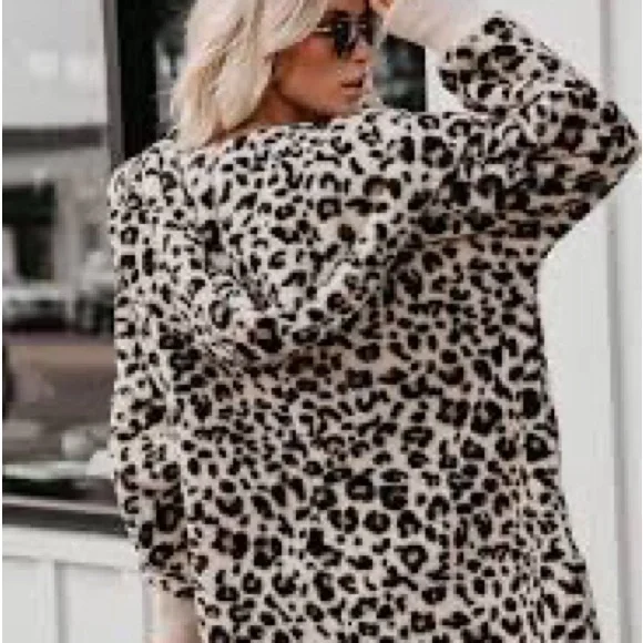 Women Leopard plush hooded jacket coat winter cardigan with pockets - Picture 3 of 6
